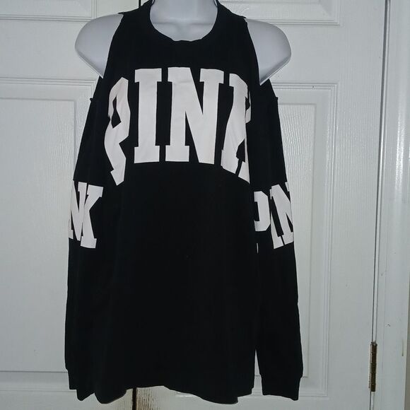 Pink Victoria's Secret black white long sleeve could shoulder t shirt Sz M - Picture 1 of 7